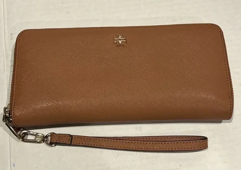 Tory Burch Brown Gold Emerson Saffiano Leather Wristlet Continental Wallet